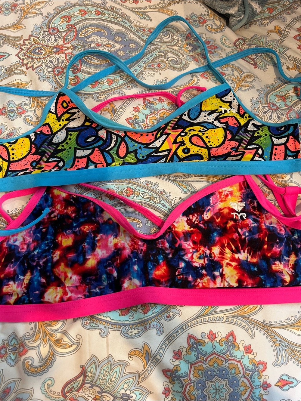 TYR Neon Graffiti & Tie-Dye Sports Bra Set with Pink and Blue Trim